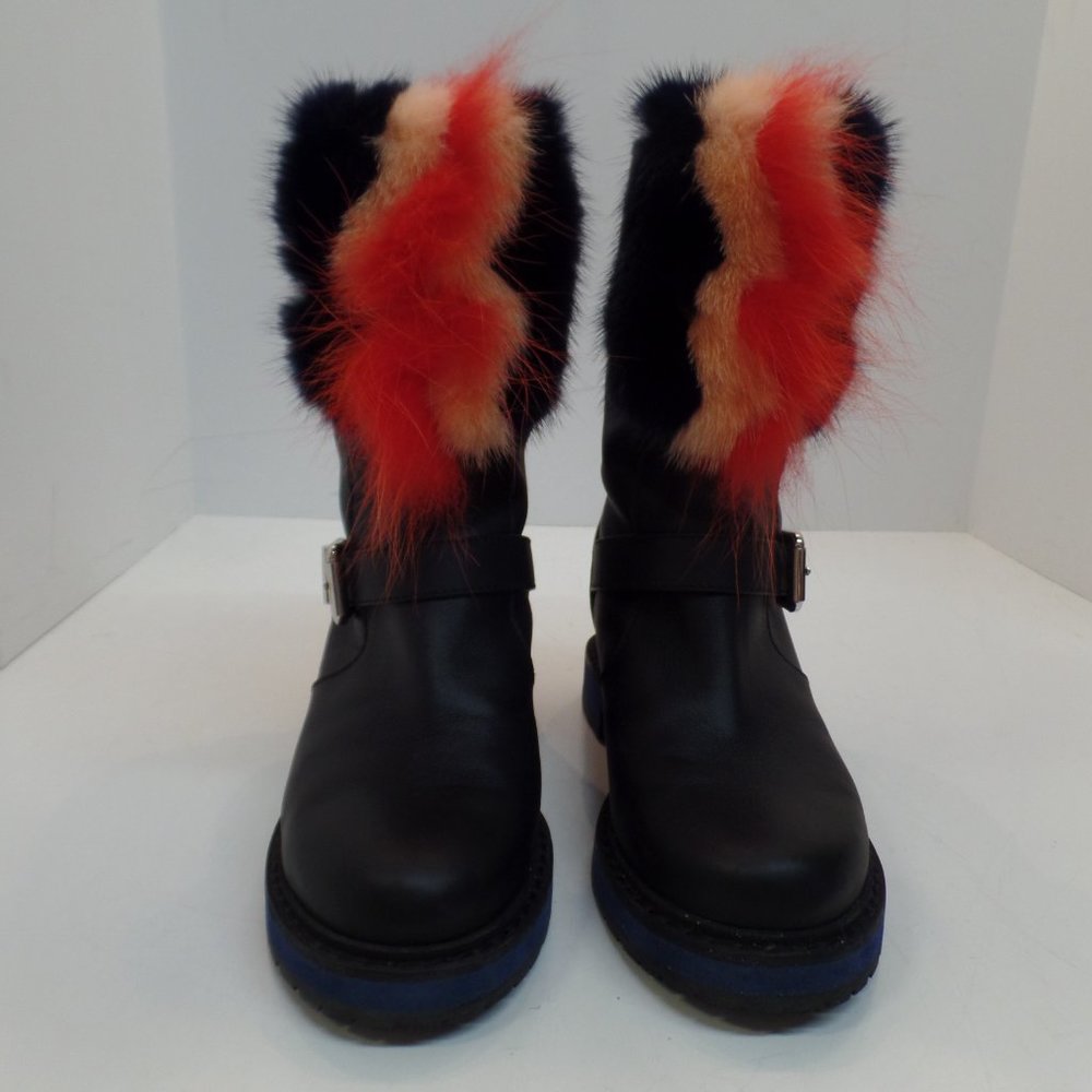 Fendi Caroline Fur Trimmed Buckle Accent Black Leather Boots Sz 39.5 or US Sz 9 - Picture 2 of 16